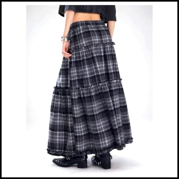 Grunge Gingham Plaid Tiered Maxi Skirt Vintage Ruffle A-Line Long - Picture 2 of 4